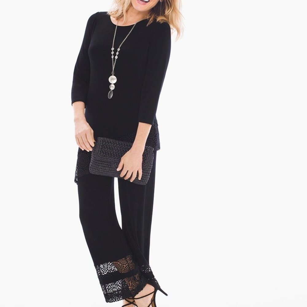 Chico's Travelers Classic Lace-Hem Tunic and No Tummy Pants, Black, Size 2